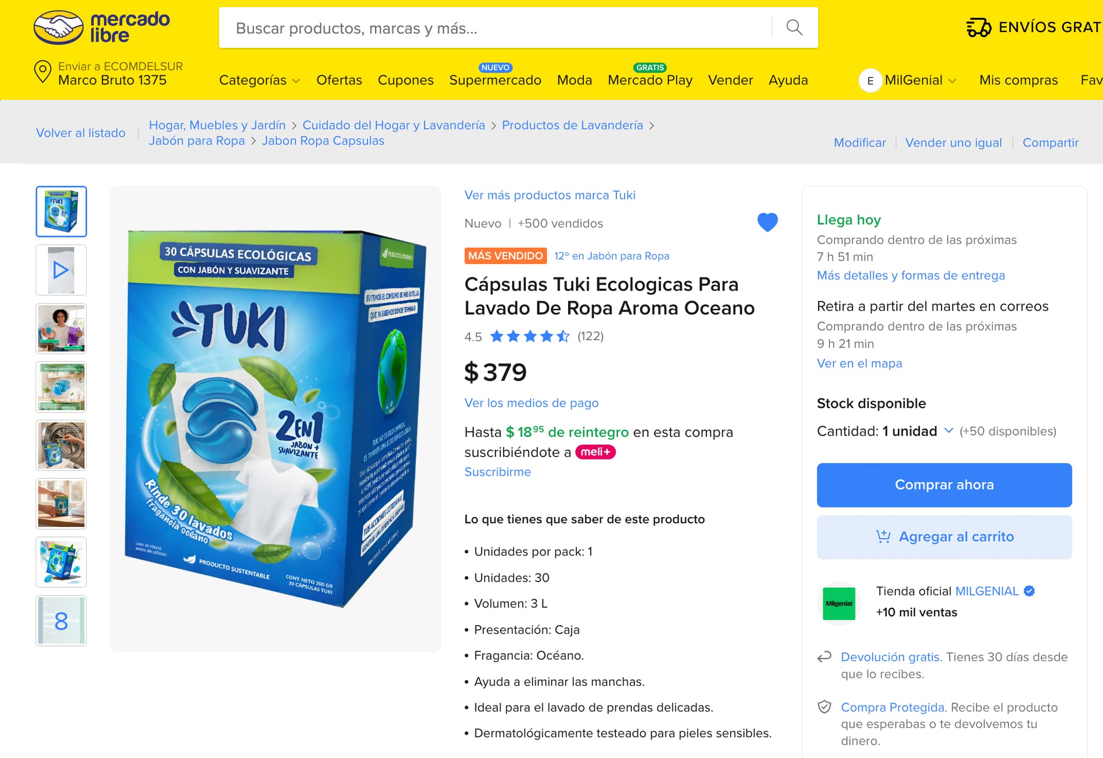 Publicación de las cápsulas Tuki en Mercado Libre: Más Vendido, 4.5 estrellas con 122 reseñas y más de 500 vendidos por la tienda oficial MilGenial